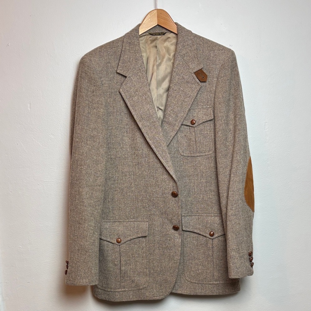 VTG John Weitz‎ Men’s Tweed Blazer Jacket Leather Elbow Patches Wool 42L